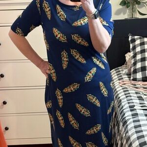 LuLaRoe Navy Feather Print Midi Dress